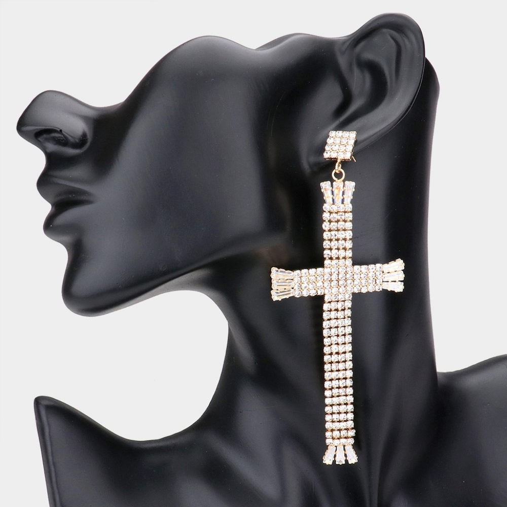Crystal Gold Dangle Cross Earrings 4.5" Long Rhinestone Drop Jewelry